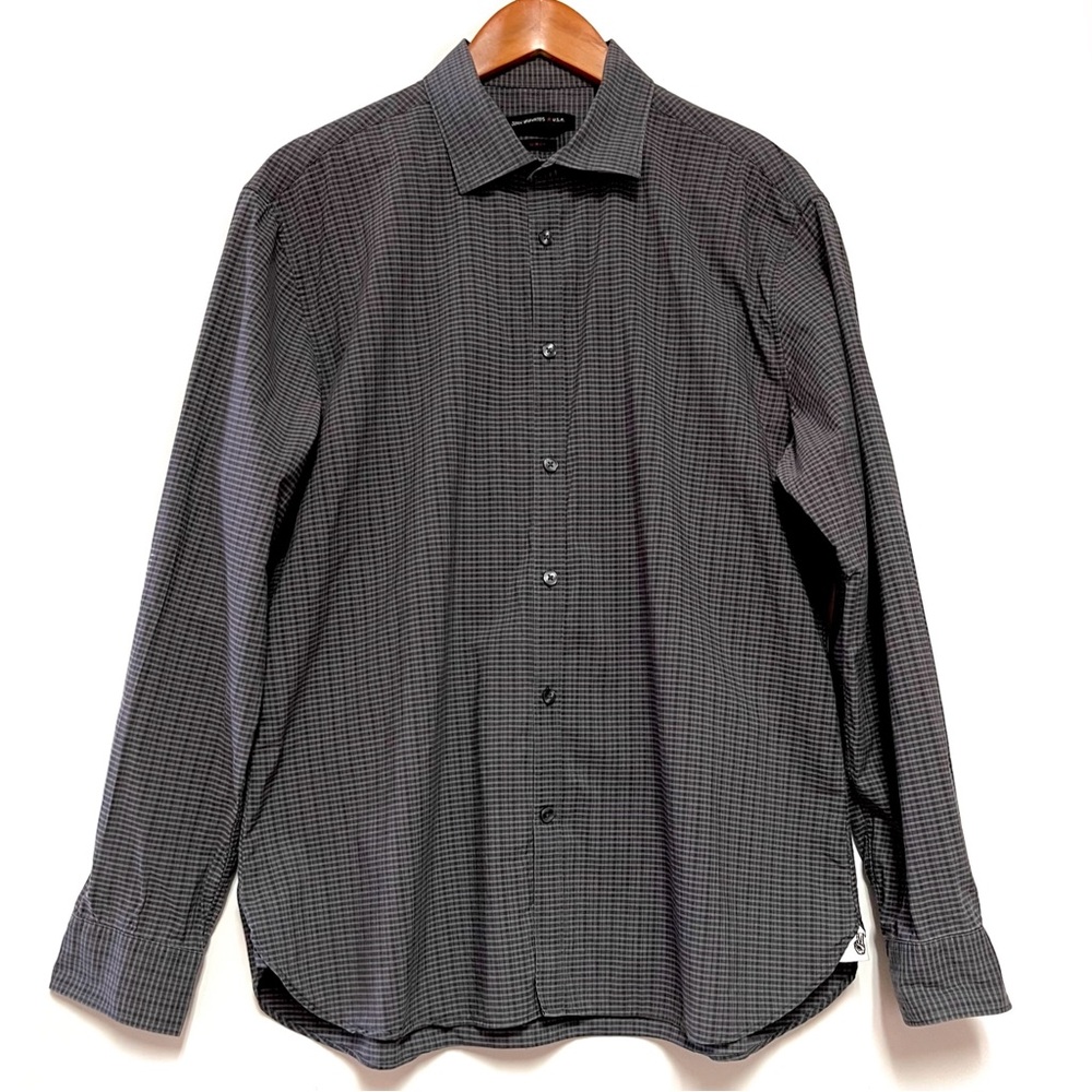 John Varvatos USA Shirt Mens 17 34/35 XL Slim Fit Gray Micro Check Dress